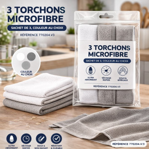 TORCHON MICROFIBRE (SACHET DE 3, COULEUR AU CHOIX) Blanc